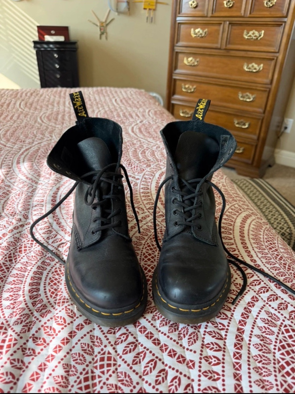 Dr. Martens Pascal Black Leather Lace-Up Combat Boots with Yellow Stitching